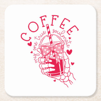 Red Hearts Skeleton Coffee Soulmate Vierkante Kartonnen Onderzetter