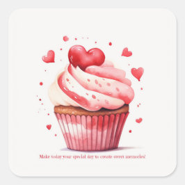 Red Hearts Sweet Cupcake Valentijnsdag Kaart Vierkante Sticker
