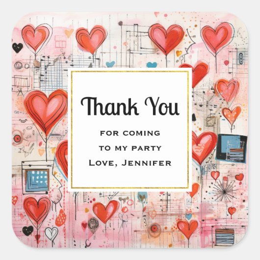 Red Hearts Whimsical Love Pattern Party Dank u Vierkante Sticker (Voorkant)