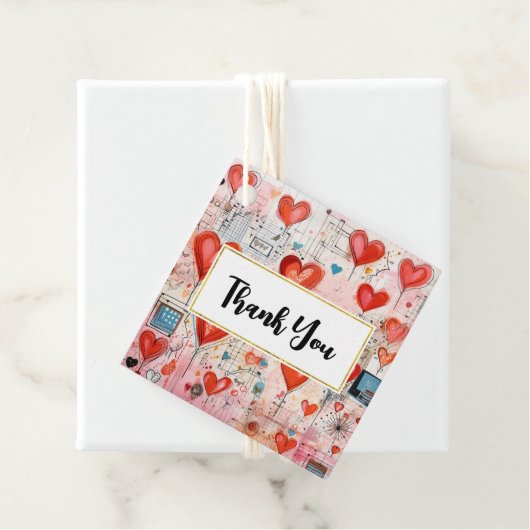 Red Hearts Whimsical Love Pattern Thank You Bedankjes Labels (In situ)