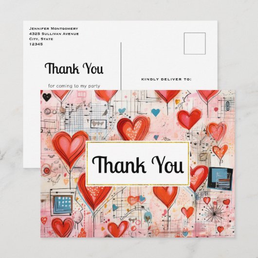 Red Hearts Whimsical Love Pattern Thank You Briefkaart (Voorkant / Achterkant)