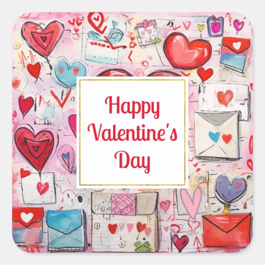 Red Hearts Whimsical Love Pattern Valentine's Day Vierkante Sticker (Voorkant)