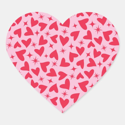 Red Hearts with Retro Starbursts on Pink  Hart Sticker (Voorkant)
