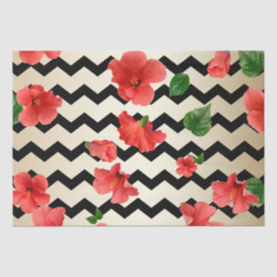 Red Hibiscus bloemen op zwarte en beige Chevron Tissuepapier