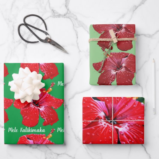 Red Hibiscus Mele Kalikimaka Inpakpapier Vel (Voorkant)