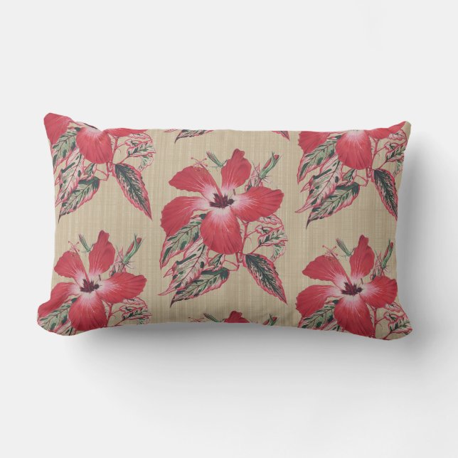 Red Hibiscus Splash op Taupe Lumbar Sierkussen Buitenkussen (Voorkant)