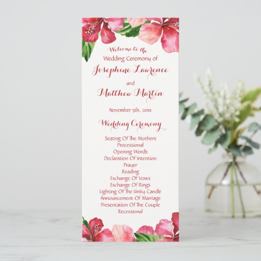 Red Hibiscus Tropical Wedding Programmes (Debout devant)