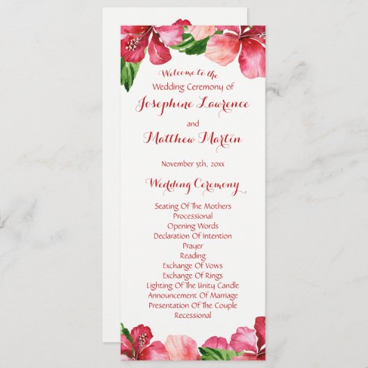 Red Hibiscus Tropical Wedding Programmes (Devant / Derrière)