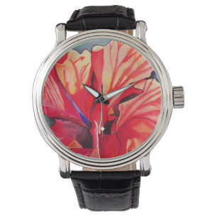 Red Hibiscus tropische bloem waterverf kunst Horloge