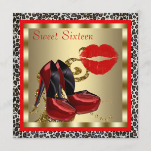 Red High Hiel Shoes Leopard Sweet Sixteen Birthday Kaart