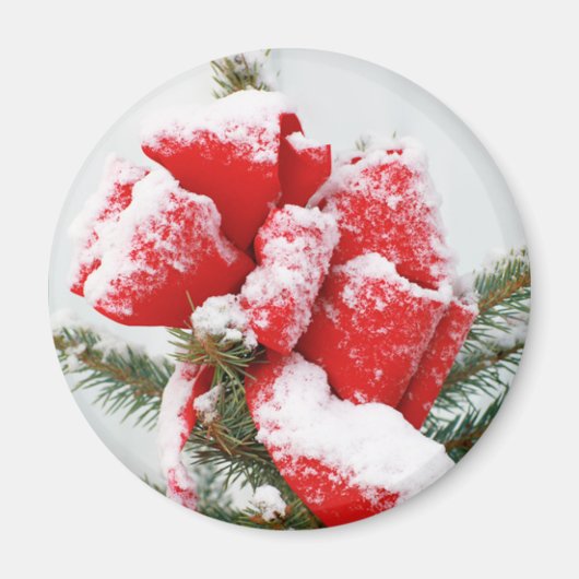 Red Holiday Bow was met sneeuw | Kerstmis Magneet (Voorkant)