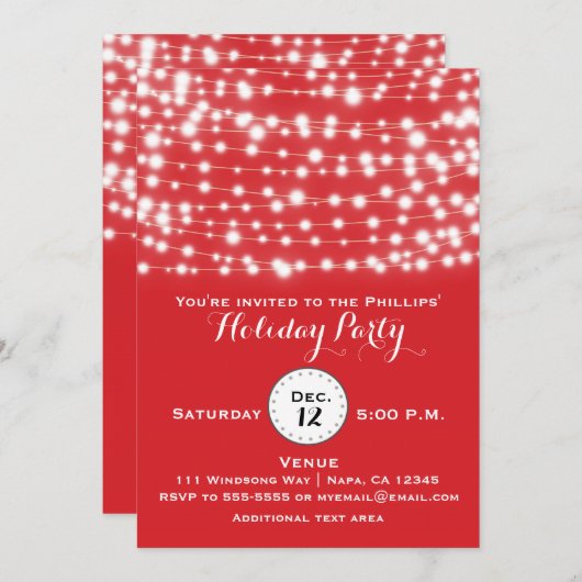 Red Holiday String Lights Invitation (Devant / Derrière)