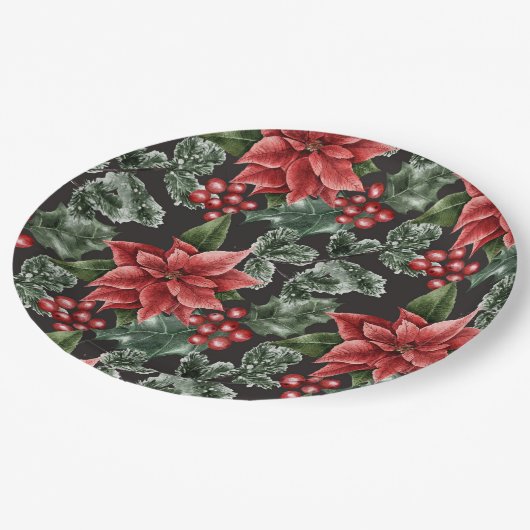Red Holly Berries Poinsettia Greenery Kerstmis Papieren Bordje (Gekanteld)