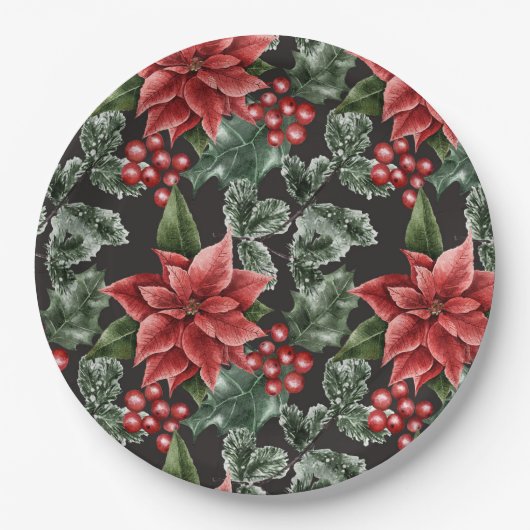 Red Holly Berries Poinsettia Greenery Kerstmis Papieren Bordje (Voorkant)