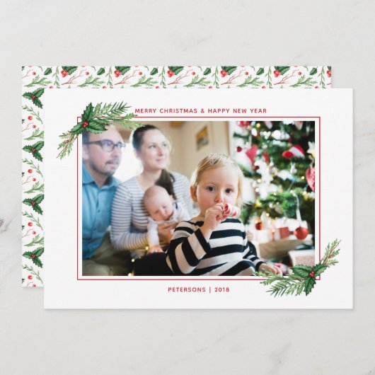 Red Holly Bouquet Merry-kerstfamilie Foto Feestdagenkaart (Voorkant / Achterkant)