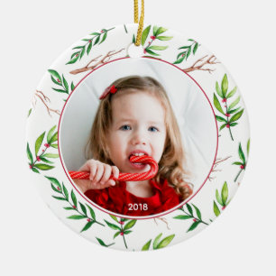 Red Holly Pattern kerstfoto Holiday Keramisch Ornament