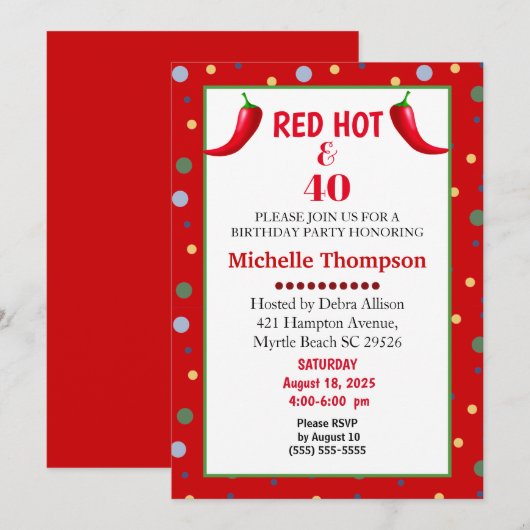Red Hot en 40 Chili Pepper Birthday-uitnodigingen Kaart (Voorkant / Achterkant)