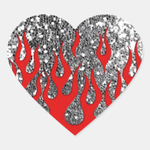 Red Hot Flams op zilveren glitter look Hart Sticker
