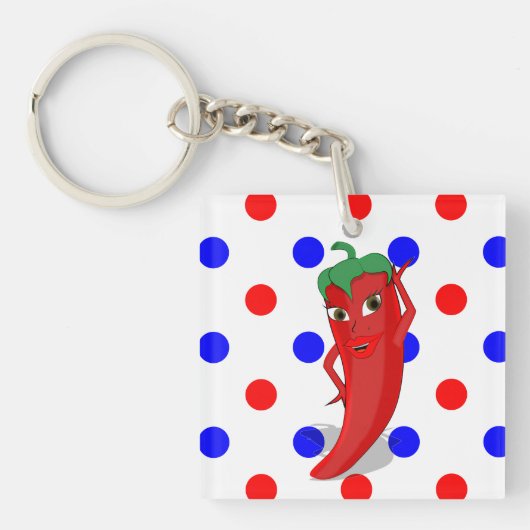 Red Hot Pepper Diva Red Blue Polka Dots Sleutelhanger (voorkant)