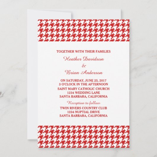 Red Houndstooth Wedding Invite Kaart (Voorkant)