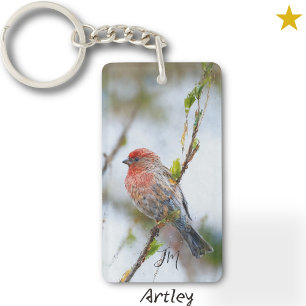 Red House Finch Bird Painting Initiaal Vogelkijker Sleutelhanger