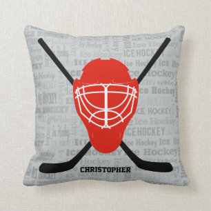 Red Ice Hockey Helmet en Sticks Typografie Kussen