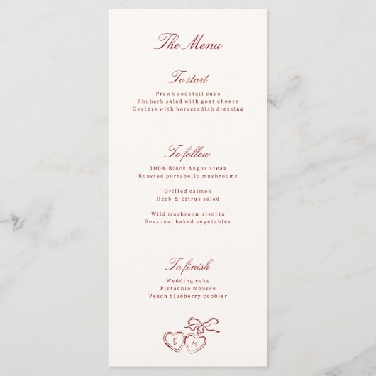 Red Illustrated Locket Whimsical Wedding Menu (Voorkant)