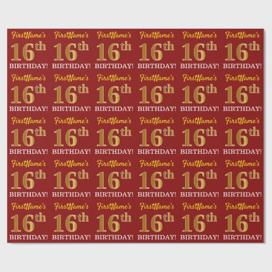 Red, Imitation Gold Kijk "16e BIRTHDAY" Cadeaupapier (Vlak)
