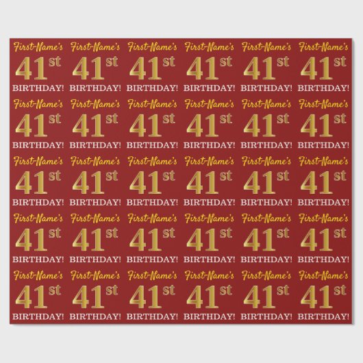 Red, Imitation Gold look "41st BIRTHDAY" Cadeaupapier (Vlak)