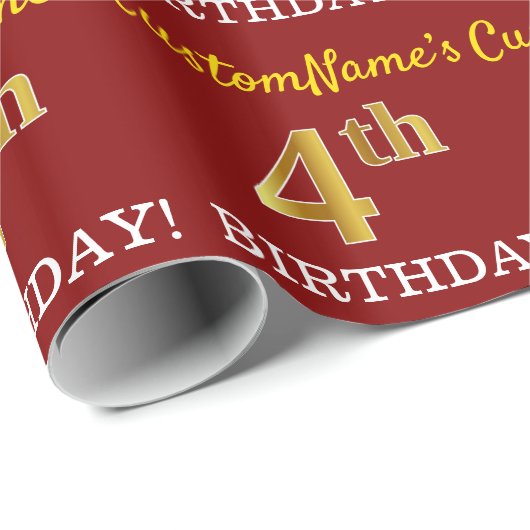 Red, Imitation Gold look "4th BIRTHDAY" Cadeaupapier (Rol Hoek)