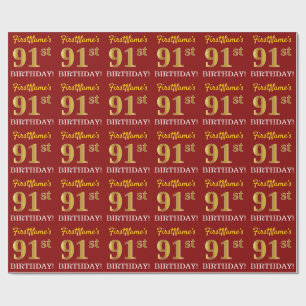 Red, Imitation Gold look "91st BIRTHDAY" Cadeaupapier