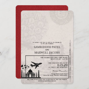 Red India Passport Wedding Invitation Kaart