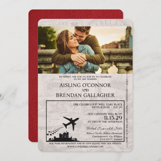 Red Ireland Passport Wedding Invitation Kaart (Voorkant / Achterkant)