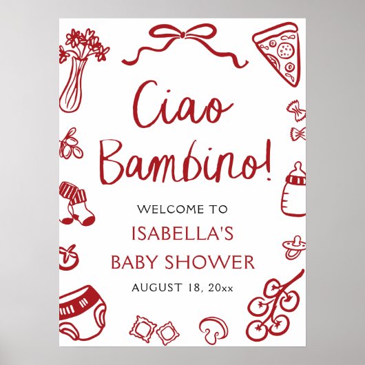 Red Italian Cute Ciao Bambino Baby Shower Welcome Poster (Voorkant)