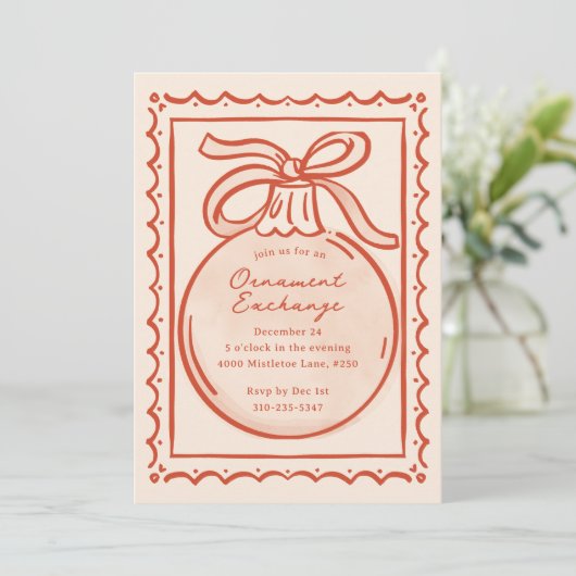 Red Ivory Doodle Ornament Exchange Holiday Party Kaart (Staand voorkant)