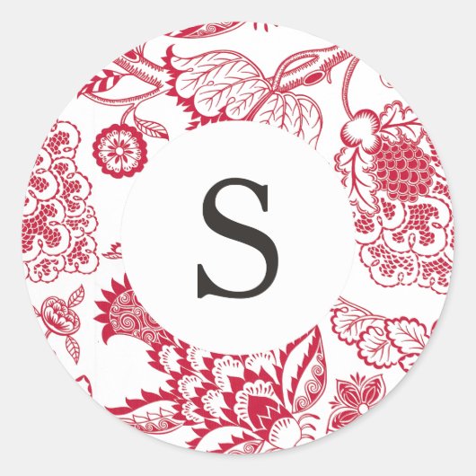 Red Jacobean Monogram Ronde Sticker (Voorkant)