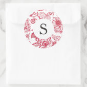Red Jacobean Monogram Ronde Sticker (Tas)