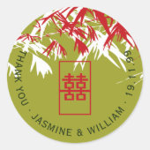 Red & Jade Bamboo Leaves Shuang Xi Chinese bruilof Ronde Sticker (Voorkant)