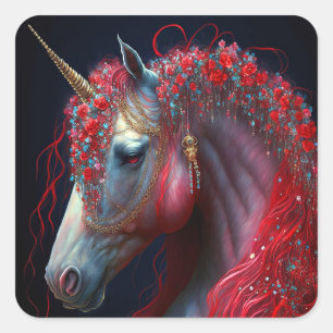 Red Jeweled Unicorn Fantasy Art Vierkante Sticker