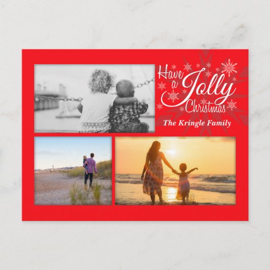 Red Jolly Kerstmis Snowflake Foto Briefkaart (Voorkant)