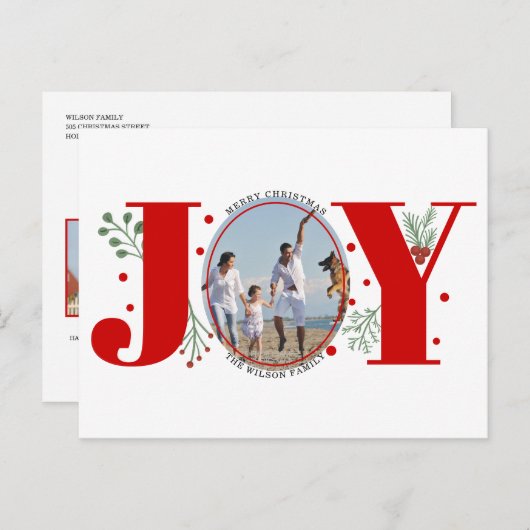 Red Joy met kerstfeestfoto's met bessen Briefkaart (Voorkant / Achterkant)