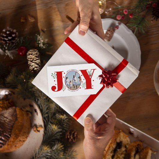 Red Joy met kerstfoto's met bessen Cadeaulabel