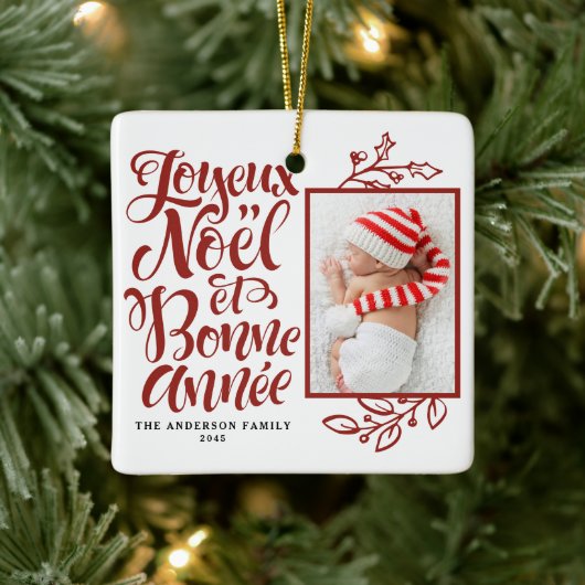 Red Joyeux Noël en Bonne Année Foto Keramisch Ornament (Boom)