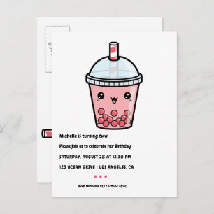 Red Kawaii Bubble Tea Birthday Party Briefkaart