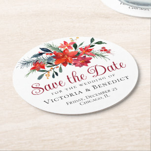 Red Kerstmis Poinsettia Holiday Save the Date Ronde Kartonnen Onderzetter