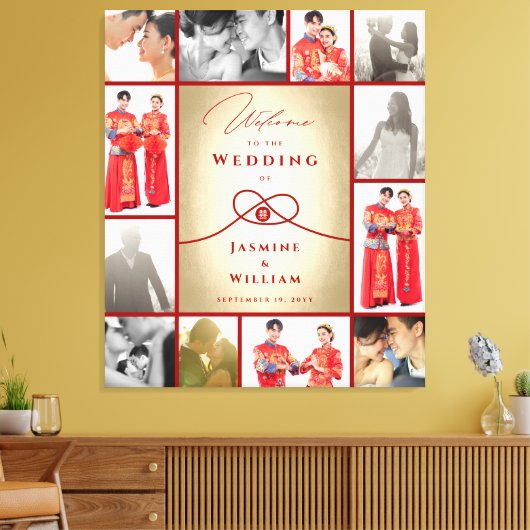 Red Knot Union Double Happiness Chinese Wedding Canvas Afdruk (Insitu (Woonkamer))