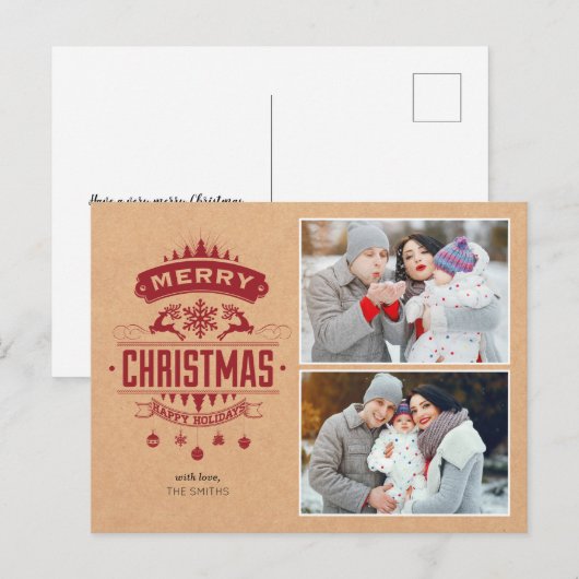 Red Kraft Photo Briefkaart Holiday Card (Voorkant / Achterkant)