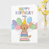 Red Labradoodle Dog Happy Birthday Kaart (Gele Bloem)