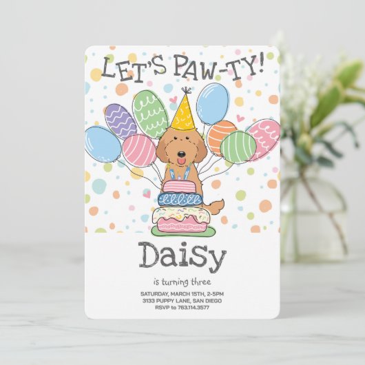 Red Labradoodle Hond Verjaardagsfeestje Uitnodigin Kaart (Staand voorkant)