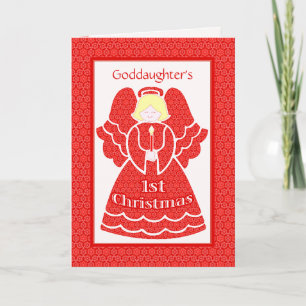 Red Lace 1-kerstengel voor Goddochter Feestdagen Kaart